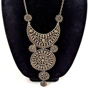 Vintage Ornate Medallion Crescent Bib Statement Necklace Silver Tone